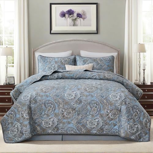 Cozaline 100% Cotton Quilt Sets Queen Size, Vintage Blue Paisley Bedspread, 3 Pieces Boho Style Floral Coverlet Set Lightweight and Breathable Bedding for All Seasons - Image 4