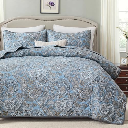 Cozaline 100% Cotton Quilt Sets Queen Size, Vintage Blue Paisley Bedspread, 3 Pieces Boho Style Floral Coverlet Set Lightweight and Breathable Bedding for All Seasons - Image 1