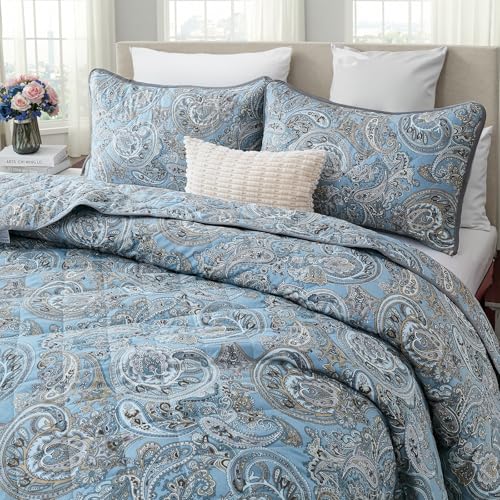 Cozaline 100% Cotton Quilt Sets Queen Size, Vintage Blue Paisley Bedspread, 3 Pieces Boho Style Floral Coverlet Set Lightweight and Breathable Bedding for All Seasons - Image 5