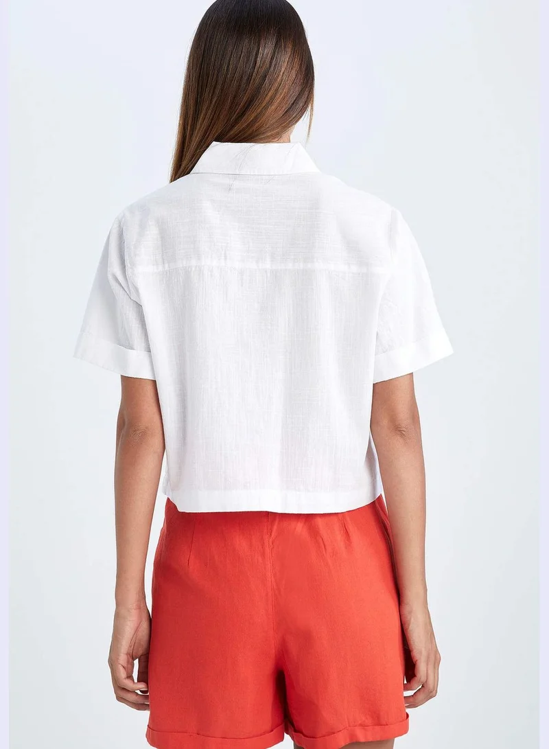 DeFacto Woman Cropped Fit Shirt Neck Woven Top Short Sleeve Shirt