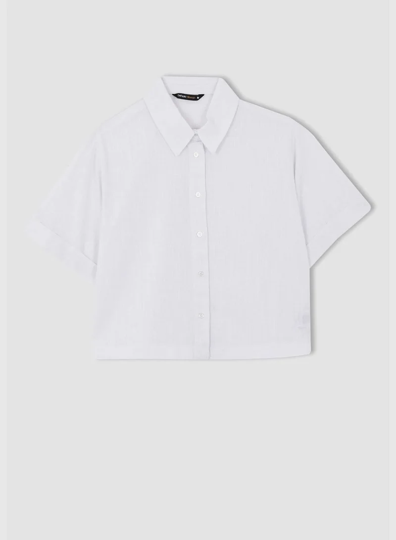 DeFacto Woman Cropped Fit Shirt Neck Woven Top Short Sleeve Shirt