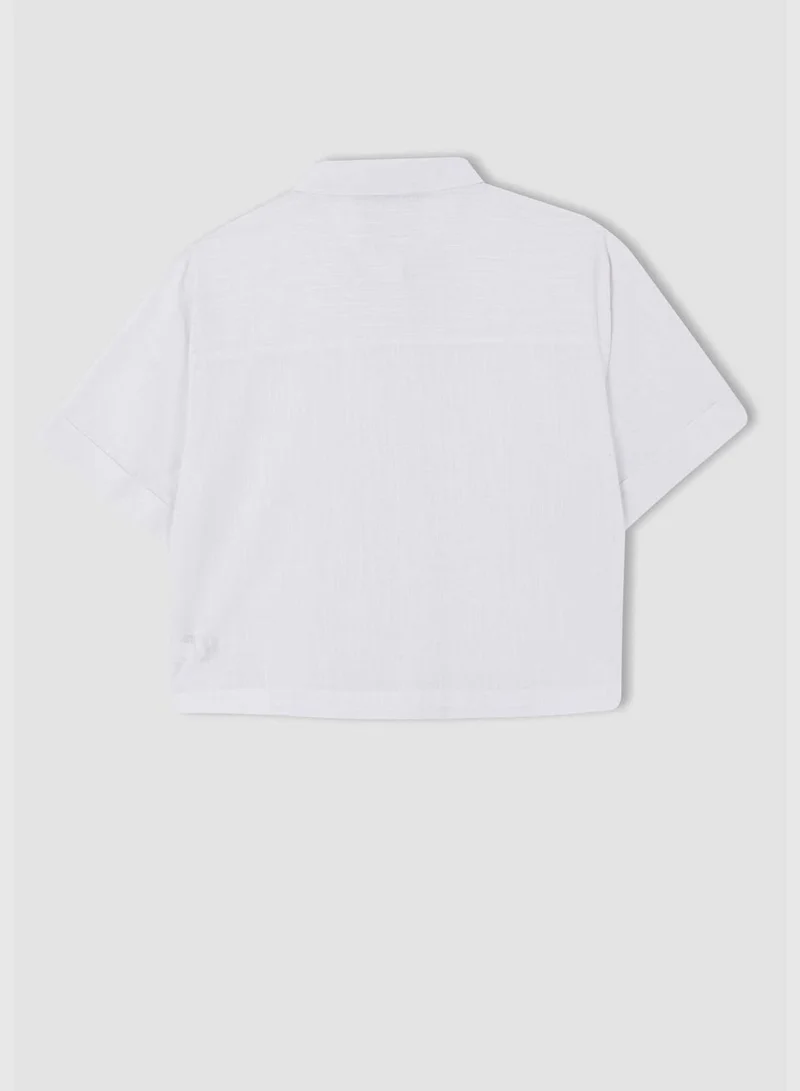 DeFacto Woman Cropped Fit Shirt Neck Woven Top Short Sleeve Shirt