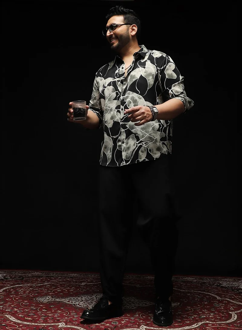 Instafab Plus Instafab Plus Men's Black & Grey Artistic-Foliage Lined Imrprint Shirt | Spread Collar , Long Sleeves , Button Closure , Curved Hemline | Botanical-Print Plain Polyester For Street & Casual Wear
