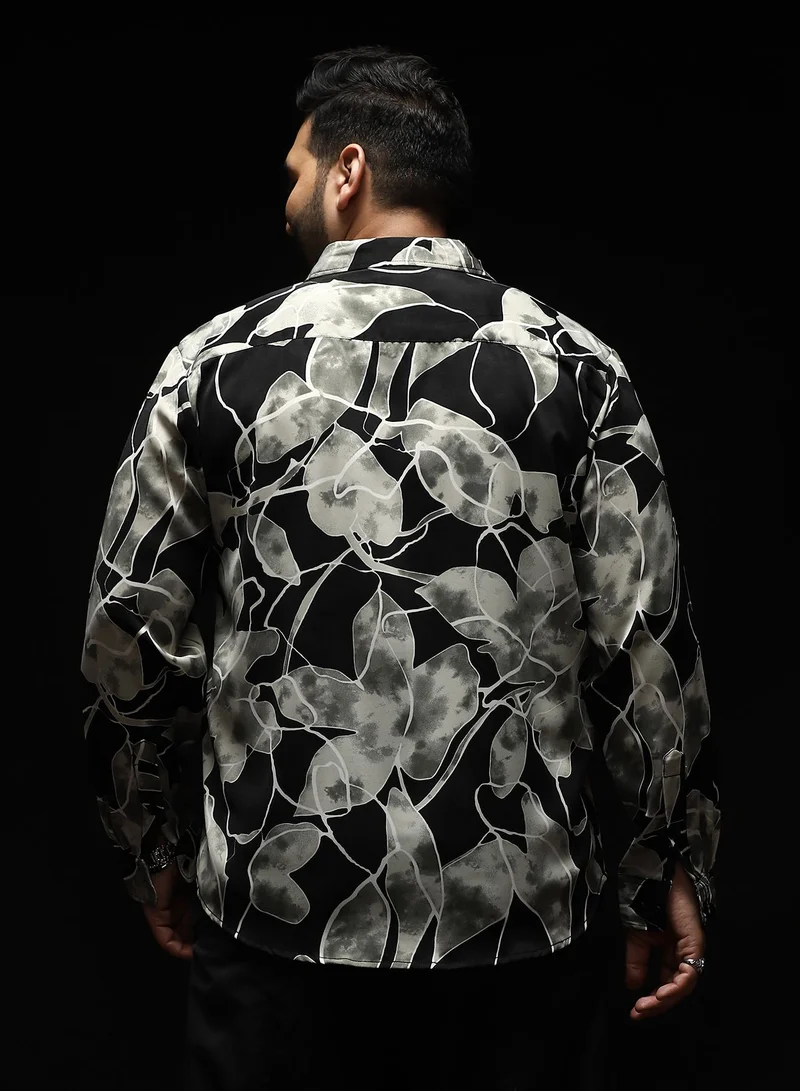 Instafab Plus Instafab Plus Men's Black & Grey Artistic-Foliage Lined Imrprint Shirt | Spread Collar , Long Sleeves , Button Closure , Curved Hemline | Botanical-Print Plain Polyester For Street & Casual Wear