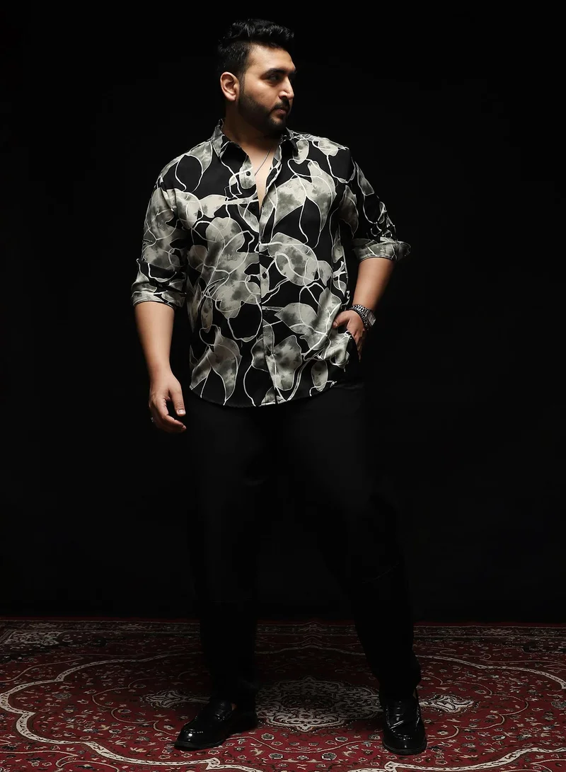 Instafab Plus Instafab Plus Men's Black & Grey Artistic-Foliage Lined Imrprint Shirt | Spread Collar , Long Sleeves , Button Closure , Curved Hemline | Botanical-Print Plain Polyester For Street & Casual Wear