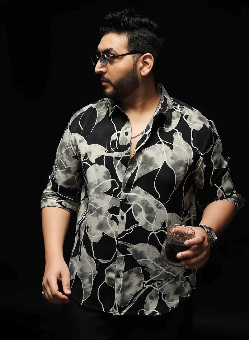 انستافاب بلس Instafab Plus Men's Black & Grey Artistic-Foliage Lined Imrprint Shirt | Spread Collar , Long Sleeves , Button Closure , Curved Hemline | Botanical-Print Plain Polyester For Street & Casual Wear