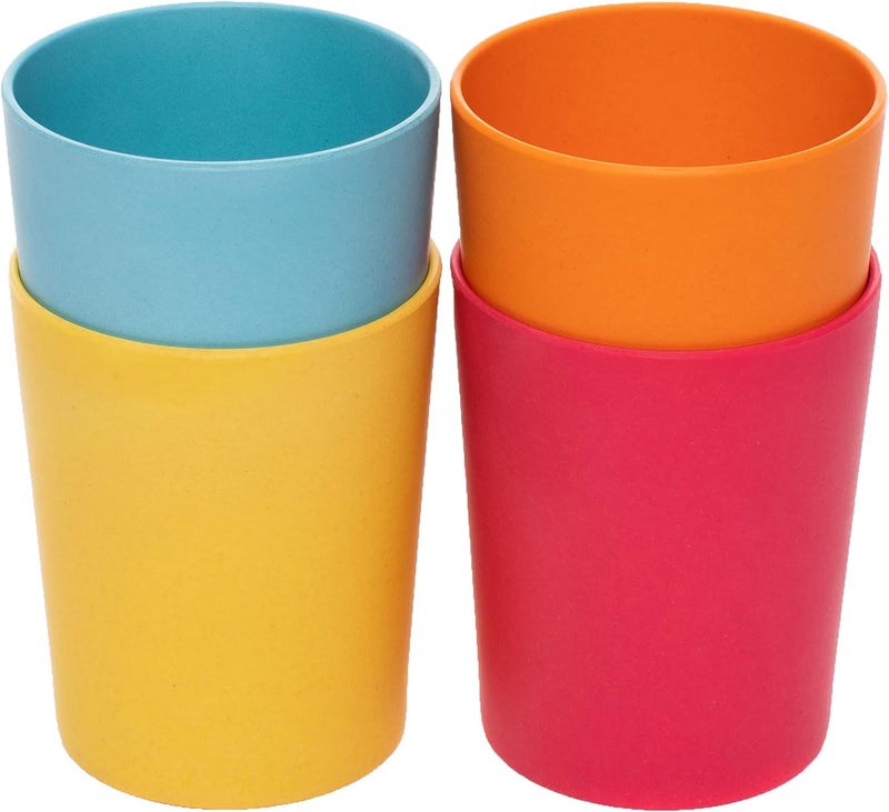 WeeSprout Bamboo Toddler Cups - 4 pc Set (10 fl oz), Organic & Non-Plastic Cup Pack for Toddlers, Big Kids or Baby, Natural (Blue, Yellow, Orange & Red) - Image 1