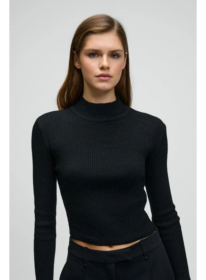 GRIMELANGE CALIDA Women's Straight-Collar Ribbed-Look Slim Fit Knit Black Sweater.