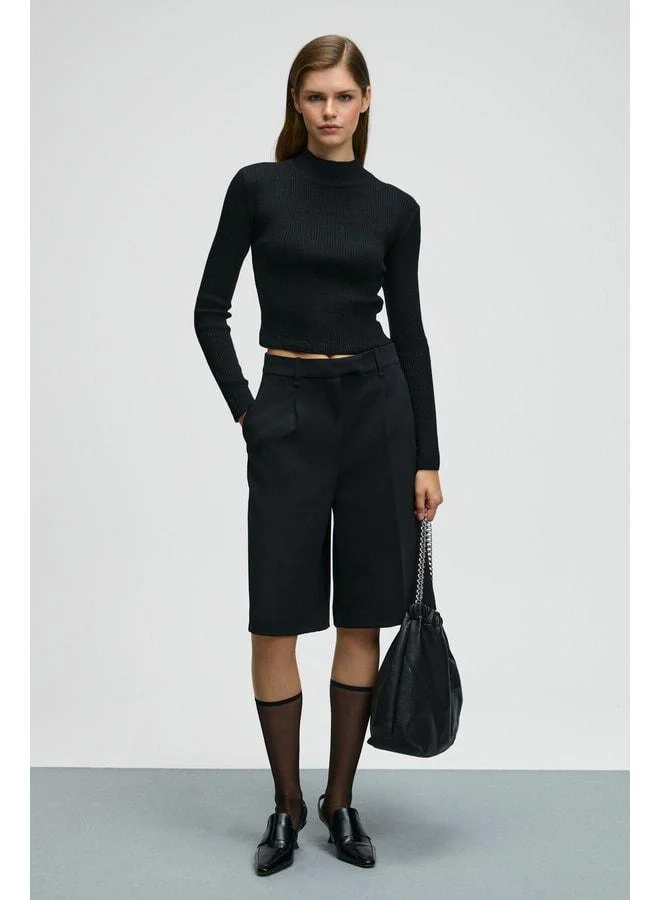 GRIMELANGE CALIDA Women's Straight-Collar Ribbed-Look Slim Fit Knit Black Sweater.