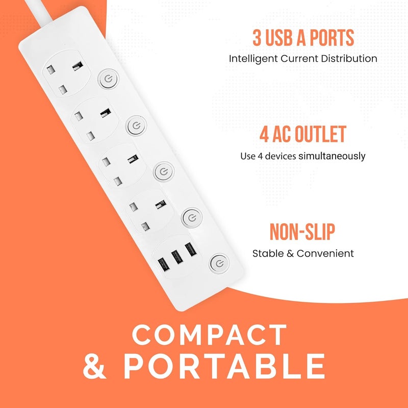 ELONSEY 10m Universal Power Extension Cord with 4 Power Plugs 4 Power Strip Outlets, 4 Way Power Strip, Extension Lead 10 meters - White (10M 4S) - Image 2