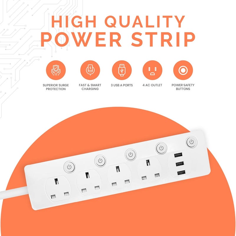 ELONSEY 10m Universal Power Extension Cord with 4 Power Plugs 4 Power Strip Outlets, 4 Way Power Strip, Extension Lead 10 meters - White (10M 4S) - Image 1