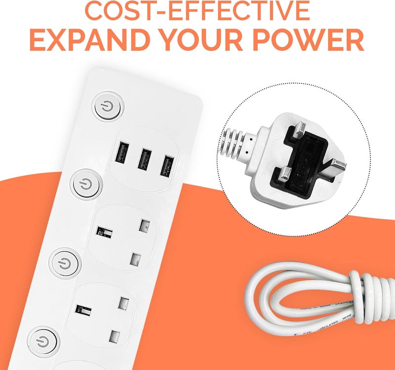 ELONSEY 10m Universal Power Extension Cord with 4 Power Plugs 4 Power Strip Outlets, 4 Way Power Strip, Extension Lead 10 meters - White (10M 4S) - Image 4