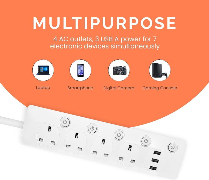 ELONSEY 10m Universal Power Extension Cord with 4 Power Plugs 4 Power Strip Outlets, 4 Way Power Strip, Extension Lead 10 meters - White (10M 4S) - Image 3