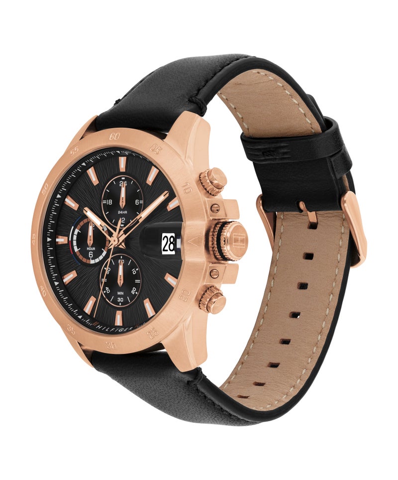 TOMMY HILFIGER ساعة رجالية مستديرة متعددة الوظائف بحالة من الفولاذ المطلي بالأيونات باللون الوردي الذهبي - Image 1