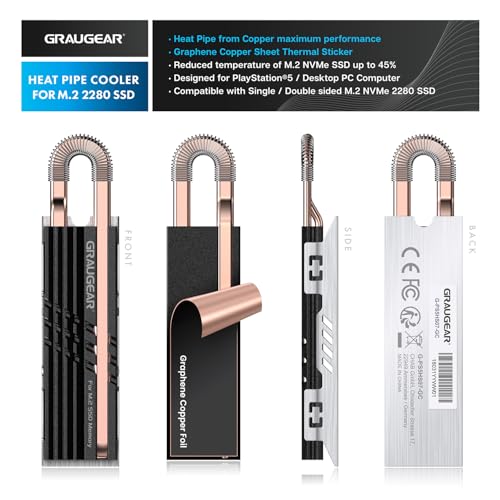 GRAUGEAR Heat Pipe Cooler for M.2 SSD Memory Extension, M.2 2280 NVMe SSD Heatsink, Pure Copper Heat Pipe, Premium Aluminum Plate-Fin Design, Thermally Conductive Graphite on Copper Foil - Image 2