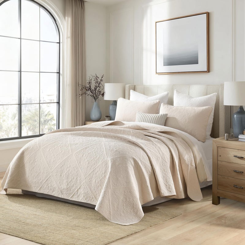 AJOCCI Beige Beddingï¼ŒCotton California King Size Comforter Setï¼ŒGeometric Matelasse Quilt Setï¼ŒSoft Cotton Quilt Solid Color Lightweight Bedspread All Seasons 3 Piece - Image 2