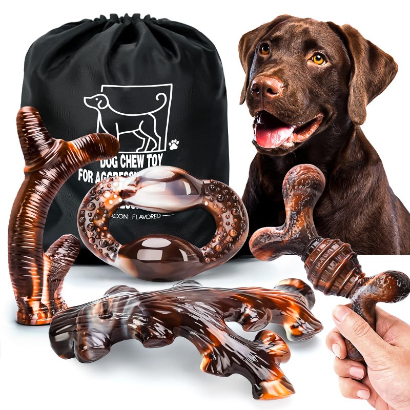 OSORD Dog Chew Toys for Aggressive Chewers 4 Pack, Indestructible Dog Toys, Bacon Flavor, Tough Nylon Bones to Keep Them Busy, Medium & Large Breed, Gifts for Dogs - Image 1