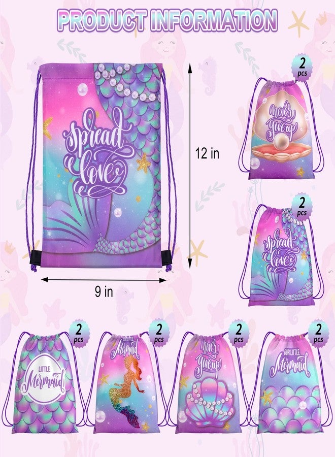 PERFQU 12 Pack Mermaid Party Supplies Favor Drawstring Bags for Kids' Birthday, Boys Girls Little Mermaid Drawstring Backpack Bag as Loot and Goodie bags for Gifts, Treat, Candy, School or Birthday Party - Image 3