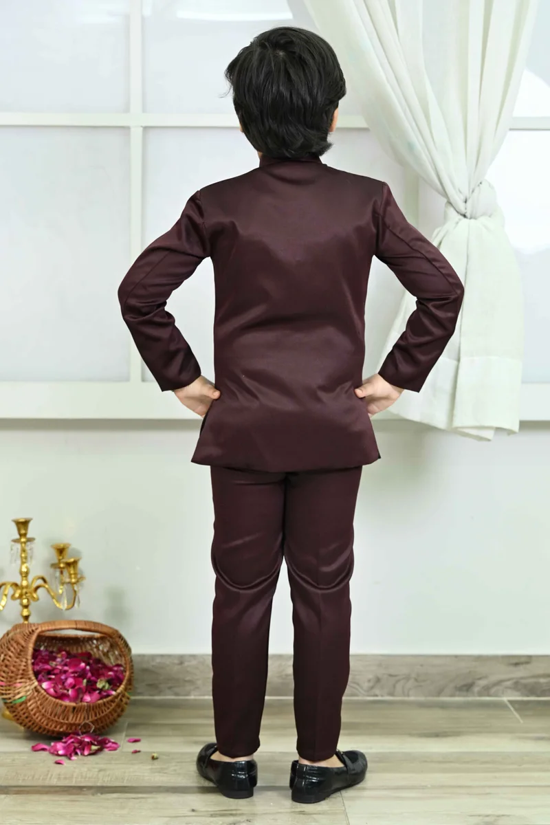 BT DEZINES Maroon Satin Jodhpuri Suit Set for Boys