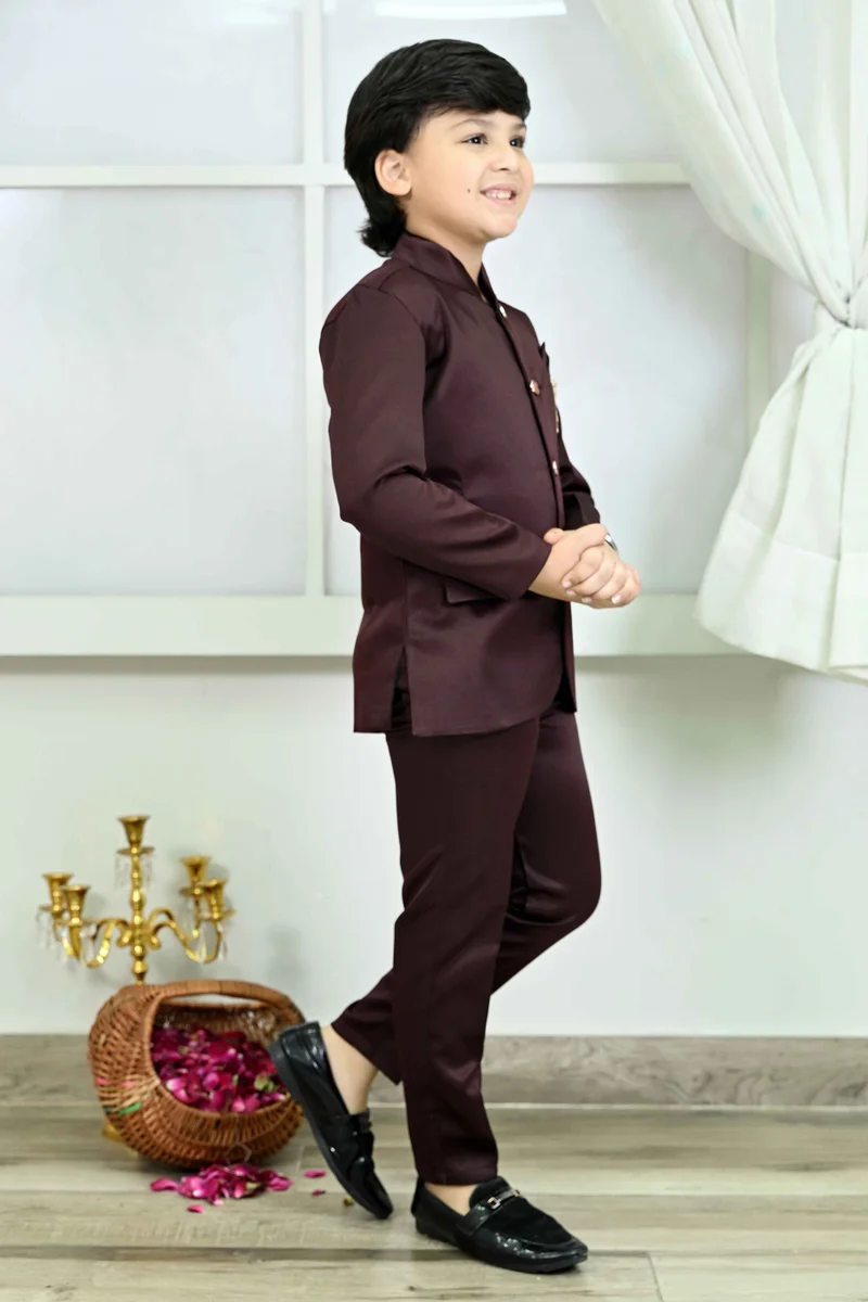 BT DEZINES Maroon Satin Jodhpuri Suit Set for Boys