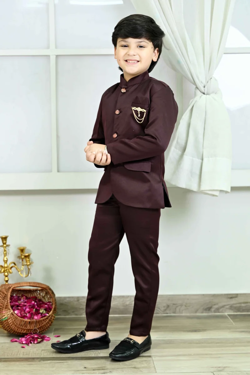 BT DEZINES Maroon Satin Jodhpuri Suit Set for Boys