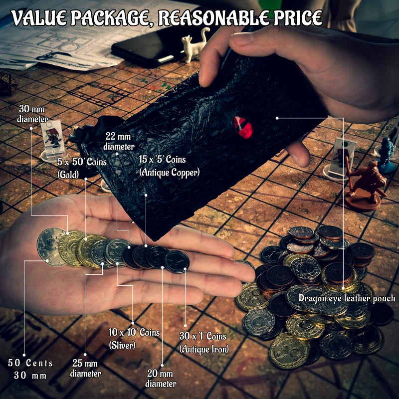 CZYY DND Metal Coins Set of 60 with Leather Pouch - Gaming Tokens, Pirate Treasure, Accessories & Props for Board Games, Dungeons and Dragons, Tabletop RPGs and LARP - Image 5