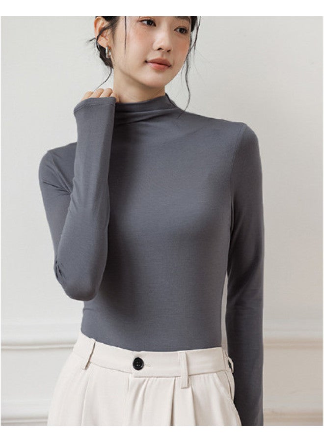 MEIBIAO Women'S Base Layer Shirt, High-End Feel, Can Be Worn Alone, Spring And Autumn Stylish And Unique Top, Knitted Modal Long Sleeve, Semi-High Neck - Image 1