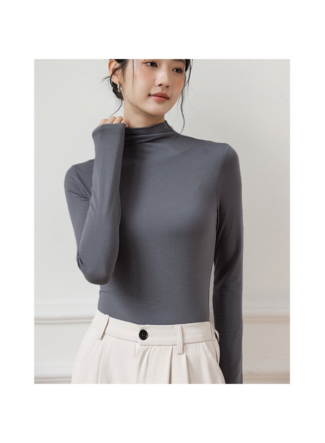 MEIBIAO Women'S Base Layer Shirt, High-End Feel, Can Be Worn Alone, Spring And Autumn Stylish And Unique Top, Knitted Modal Long Sleeve, Semi-High Neck - Image 2