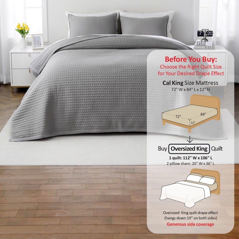 DAWNDIOR Max Oversized California King Quilt Set â€“ 112"x106"Soft Washed Lightweight Bedspread,Multi-Lock Quilting,Minimalist Nordic Bedding, Spring & Summer Quilt Set (1 Quilt + 2 Pillow Shams), Grey - Image 3