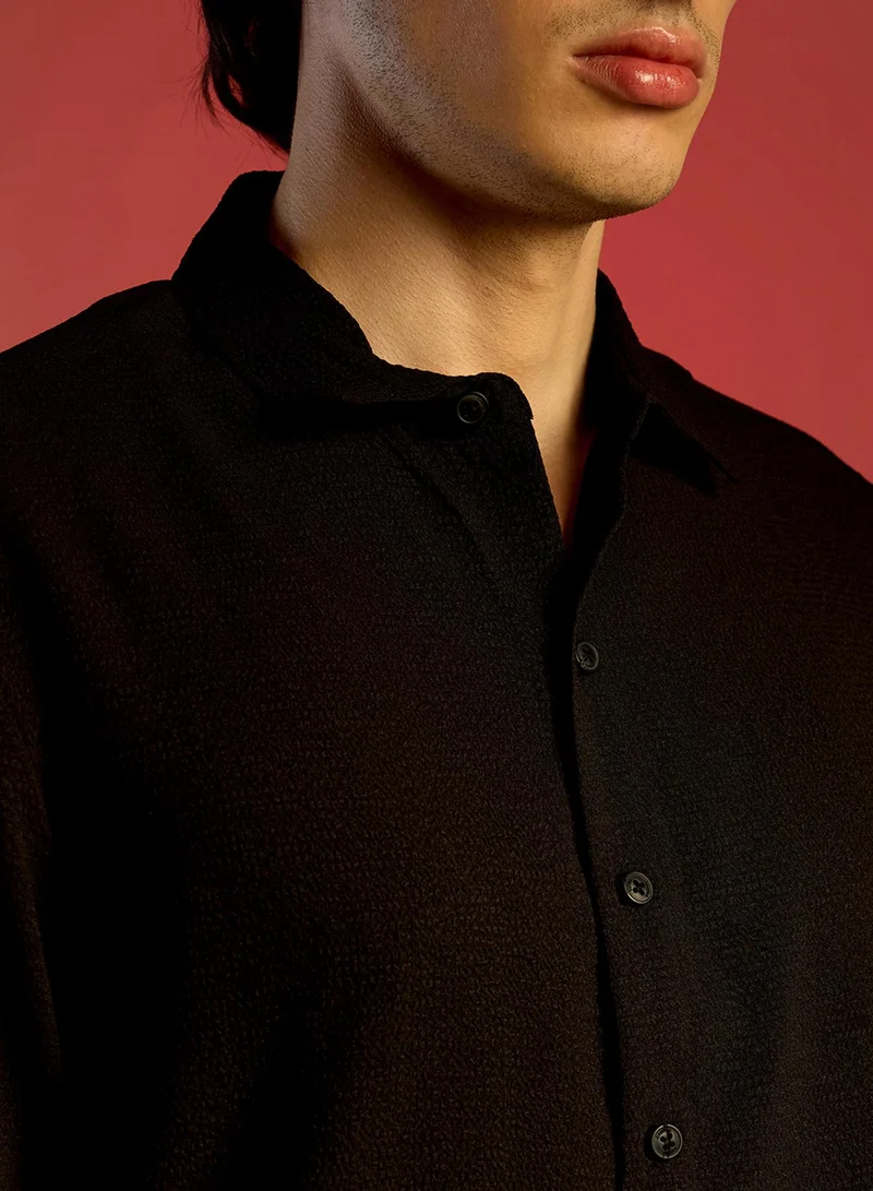 Campus Sutra Men's Midnight Black Embossed Micro Check Shirt