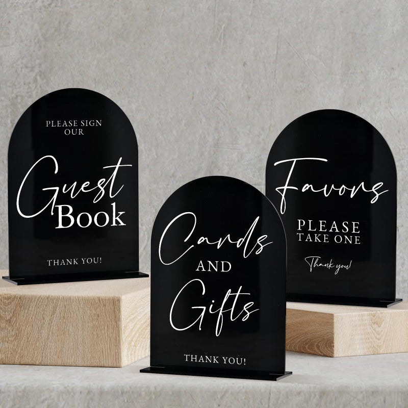 JINMURY Set Of 3 Black Arch Acrylic Signs And Stands  5 In X 7 In  1/8 In Thick | Reception Signs For Wedding: Guest Book  Favors And More - Image 1