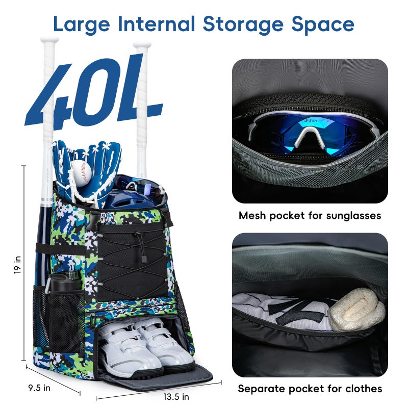 KAVIGOR Baseball Bag for Youth and Adult, Softball Backpack 40L Large Capacity, Bat Backpack with Shoes Compartment and Hidden Helmet Holder - Image 3