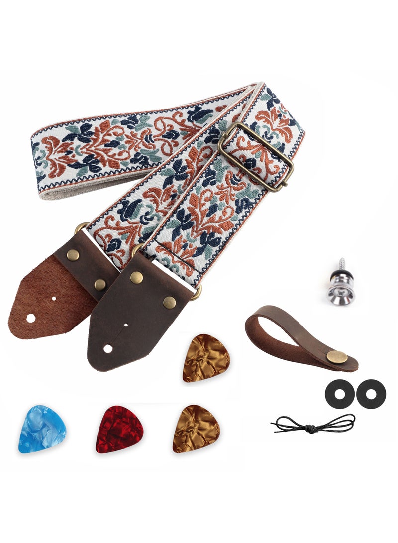 SOLARAE Guitar Strap, Jacquard Embroidery Cotton Guitar Straps with Crazy Horse Leather Ends for Bass, Electric & Acoustic, Best Gifts for Kids, Guitarists(Golden Jacquard) - Image 1