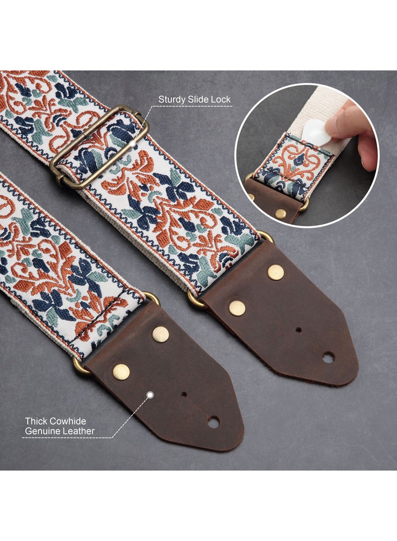 SOLARAE Guitar Strap, Jacquard Embroidery Cotton Guitar Straps with Crazy Horse Leather Ends for Bass, Electric & Acoustic, Best Gifts for Kids, Guitarists(Golden Jacquard) - Image 5