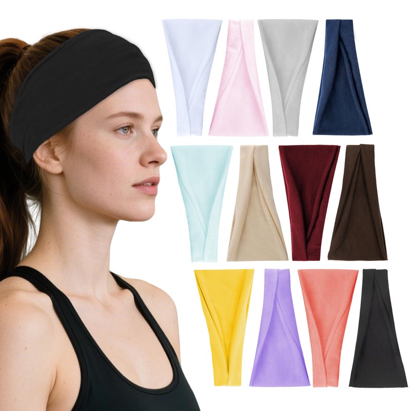 VANRUID Headbands for Women, 12PCS Wide Stretchy Sports Hair Bands, Elastic Soft Fashion Head Bands, Non-Slip Running Sweatbands for Fashion, Washing Face, Workouts, Yoga, Daily Use - Image 1