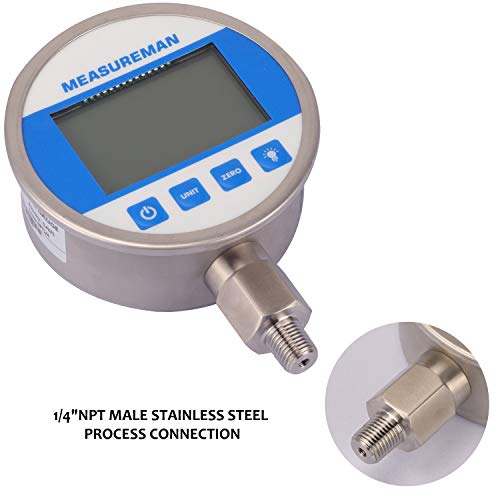MEASUREMAN 4" dial, High Precision Hydraulic Industrial Digital Pressure Gauge 0-10000psi/bar, 1/4" NPT Lower, Stainless Steel Case and Connection, 0.4%,Battery and Micro USB Powered, with LED Light - Image 5