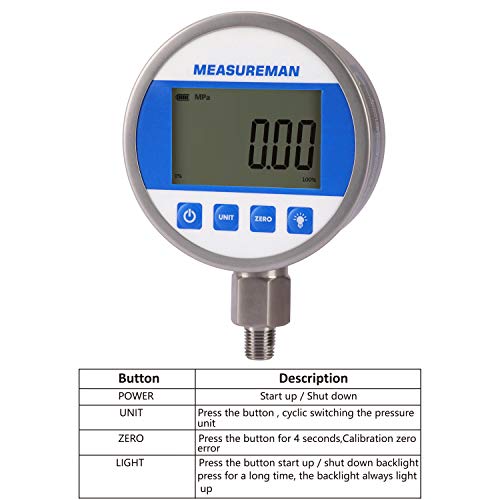 MEASUREMAN 4" dial, High Precision Hydraulic Industrial Digital Pressure Gauge 0-10000psi/bar, 1/4" NPT Lower, Stainless Steel Case and Connection, 0.4%,Battery and Micro USB Powered, with LED Light - Image 4