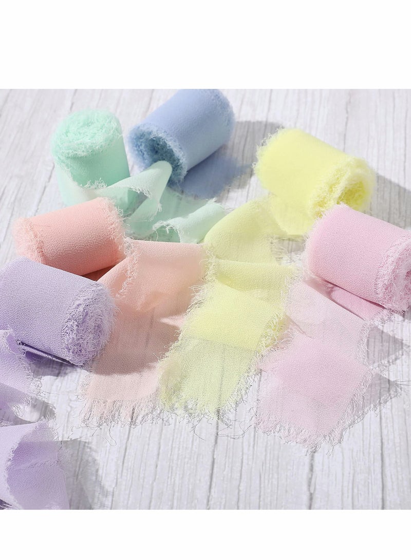Excefore Handmade Fringe Chiffon Ribbon, 6 Rolls 3.8cm x 5 Yard(4.5m) Silk-Like Ribbon Colorful Rustic Set for Wedding Invitations, Bridal Bouquets, Gifts Wrapping, DIY Crafts(Macarons Color Set) - Image 2