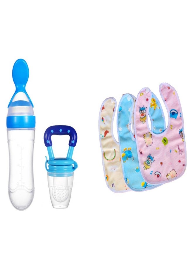 Joy Buzz Baby Feeding Product | Fruit Feeder Teether (1 Pcs) with 1 PCS Silicone Baby Food Dispensing Spoon 90ML and 3 Pcs Bib Set Combo Pack (Set of 5 Blue) - Image 1