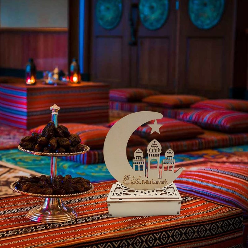 klarako Eid Mubarak Wooden Ornament Moon Star Shape Wooden Tabletop Ornament Happy Eid Mubarak Hollow Ornament for Ramadan Mubarak Eid Decorations (B) - Image 4