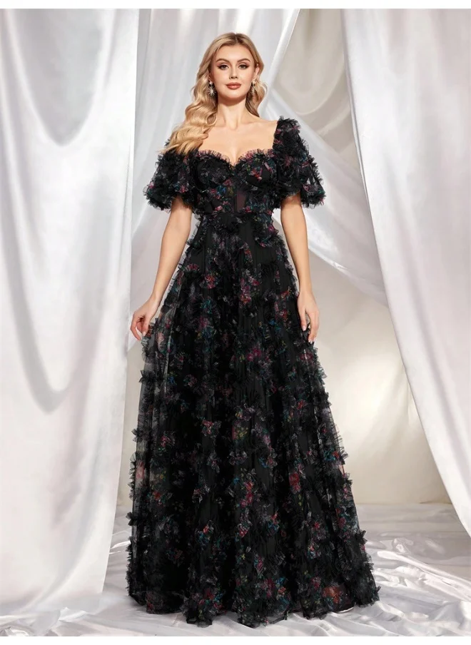 Madam Uniq Black New Arrival Elegant 3D Floral U-Neck Evening Gown