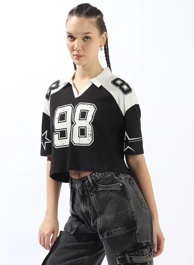 Hubberholme Women's Black 100% Cotton Printed Polo Boxy Fit T-Shirt