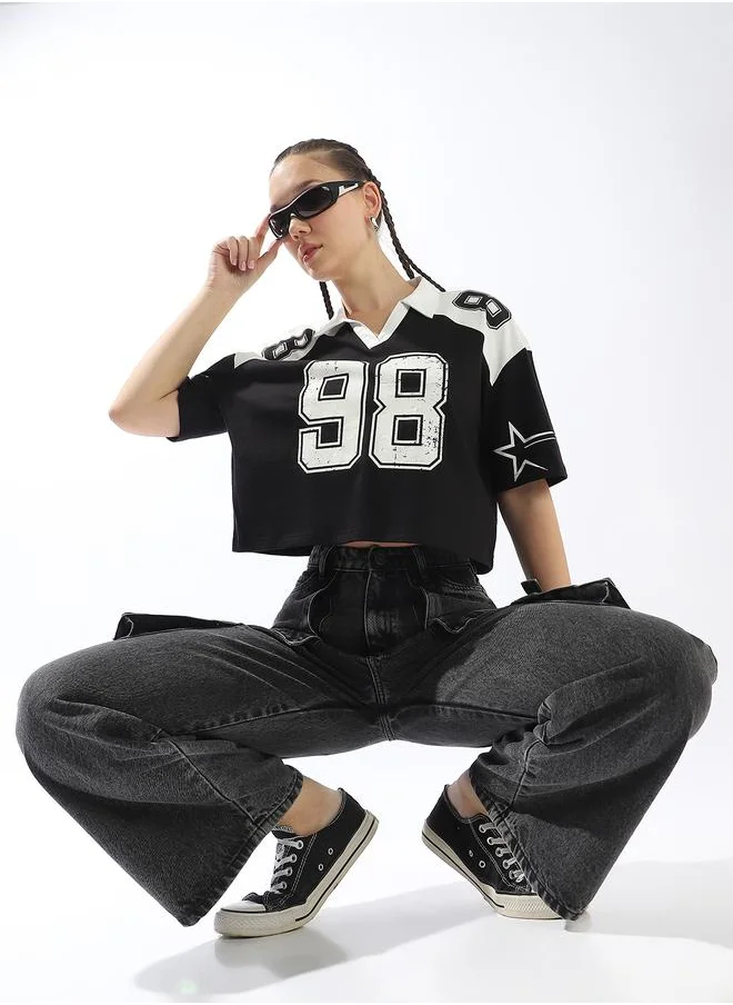 Hubberholme Women's Black 100% Cotton Printed Polo Boxy Fit T-Shirt