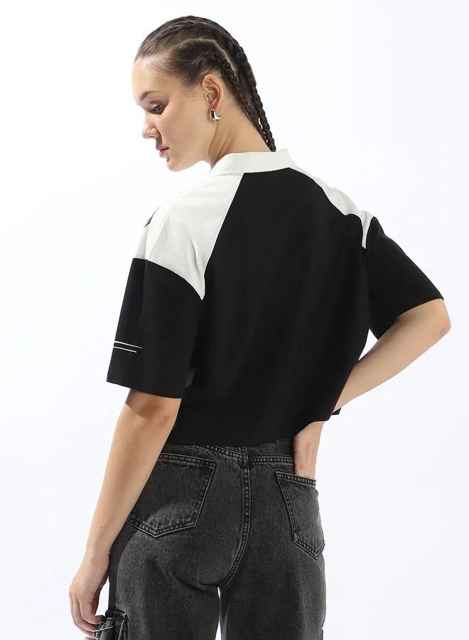 Hubberholme Women's Black 100% Cotton Printed Polo Boxy Fit T-Shirt
