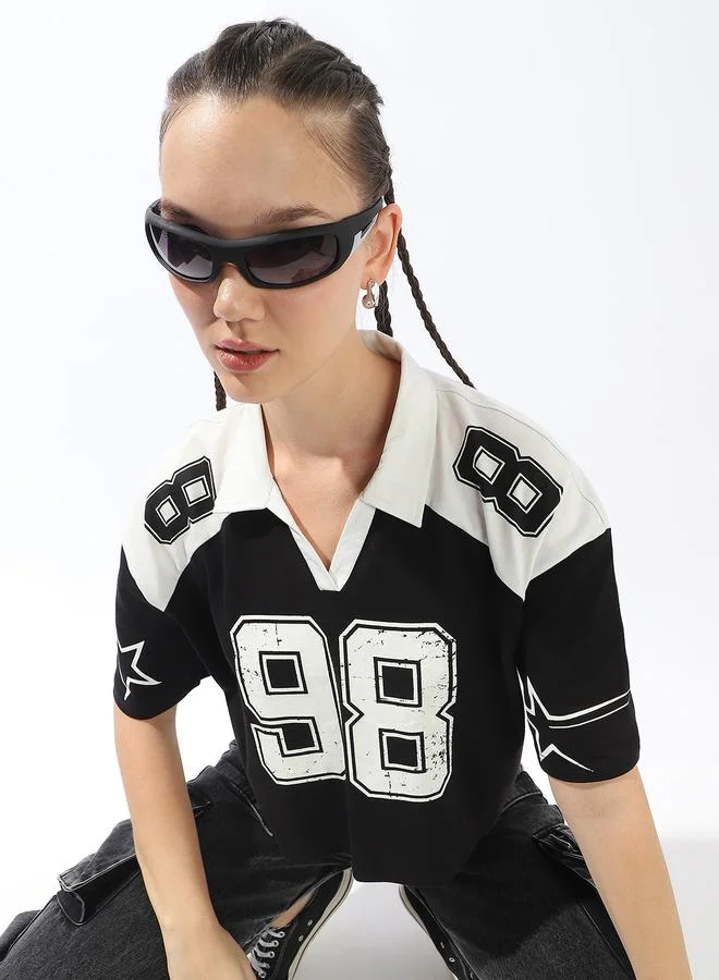 Hubberholme Women's Black 100% Cotton Printed Polo Boxy Fit T-Shirt