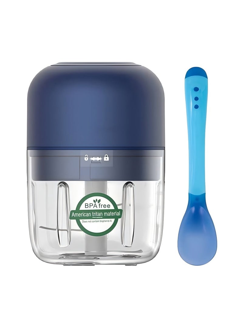 يي تشوان ماكينة طعام الأطفال، محرك ثوم صغير - محضرة طعام كهربائية صغيرة مع ملعقة وقابلة للشحن عبر USB من النوع C (أزرق، 250 مل) - Image 1