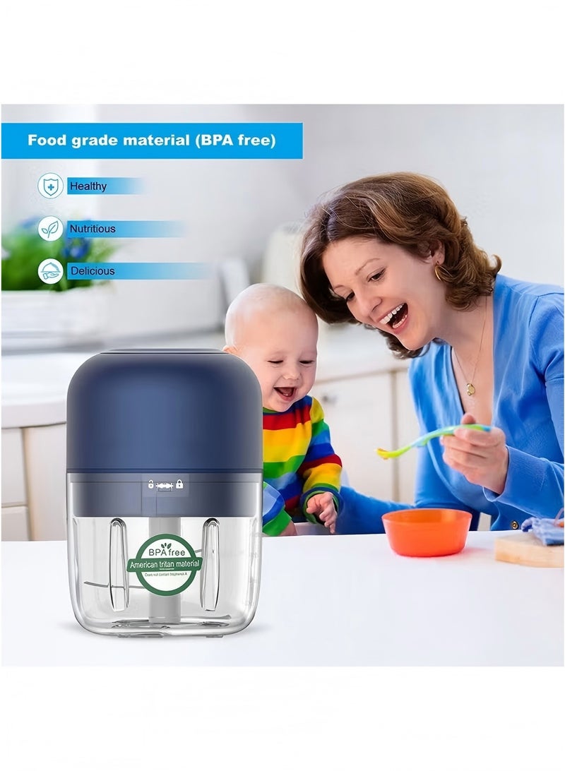 يي تشوان ماكينة طعام الأطفال، محرك ثوم صغير - محضرة طعام كهربائية صغيرة مع ملعقة وقابلة للشحن عبر USB من النوع C (أزرق، 250 مل) - Image 2