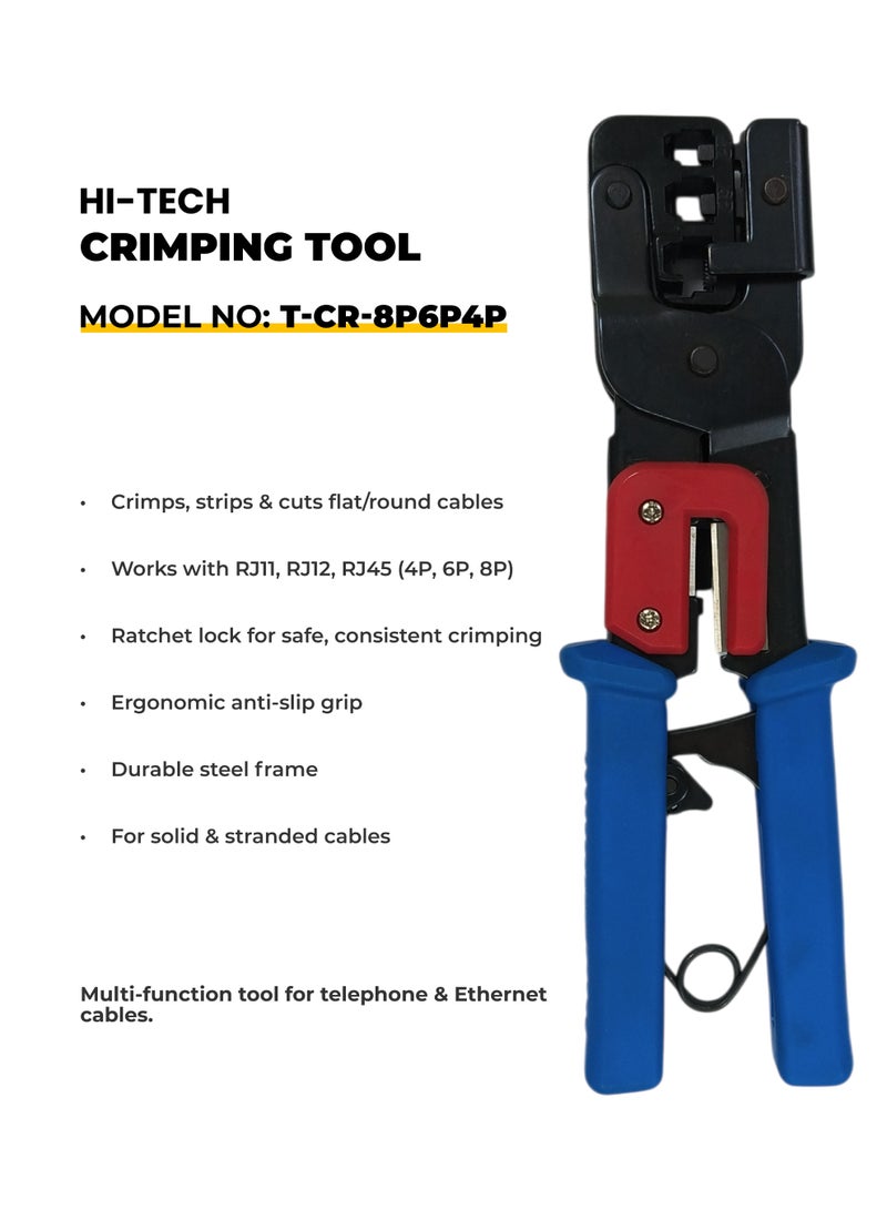 هاي-تيك أداة كبس – تشتغل على رؤوس 4P و 6P و 8P للكيابل الموديولار. مناسبة للإنترنت والتلفون ورؤوس RJ11 و RJ45. قوية، دقيقة، ومقبضها مريح ضد الانزلاق. - Image 3