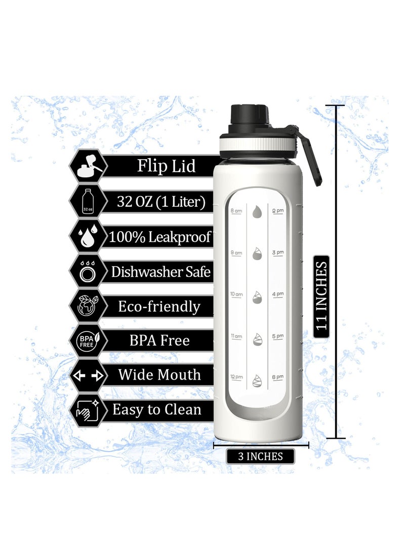 Excefore 32 oz Glass Water Bottle with Time Marks and Silicone Sleeve - Flip Lid, Motivational Water Bottles for Hydration, Reusable, Wide Mouth, Leakproof, 1 Liter Glass Drinking Bottle, BPA Free  - Image 2