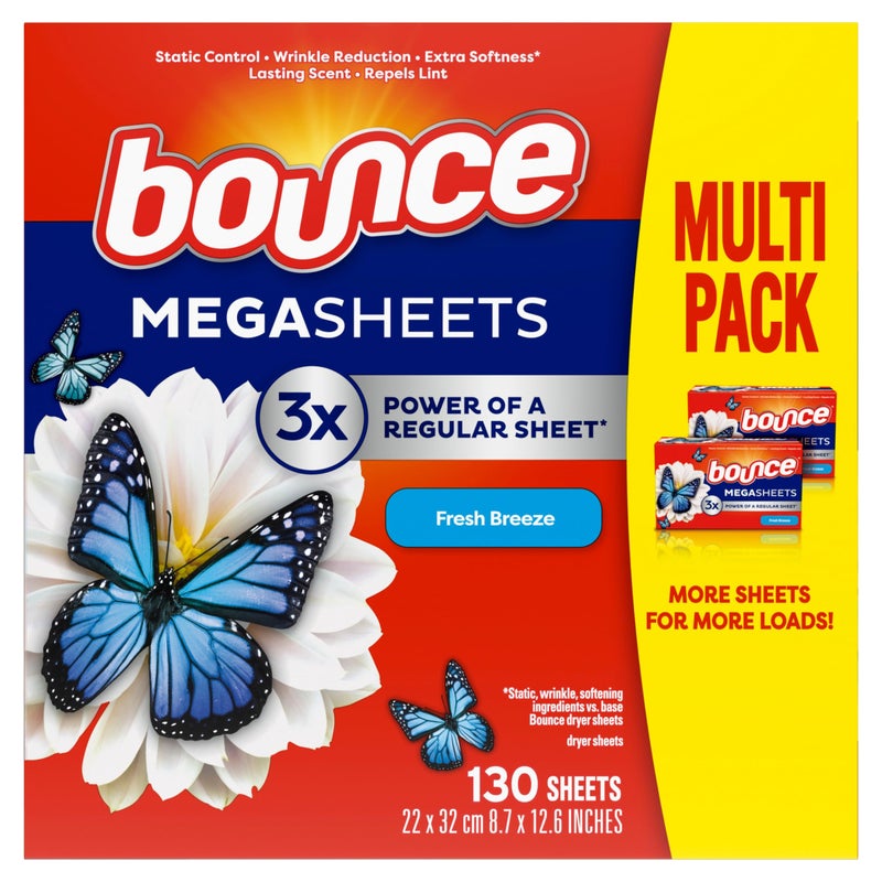 Bounce Mega Dryer Sheets, Fresh Breeze, 130 Count, Mega Fabric Softener Sheets with Static Control, Wrinkle Reduction, Extra Softness, Lasting Scent, Repels Lint - Image 1